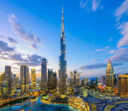 Downtown Dubai at dusk, Burj Khalifa at the centre of the skyline