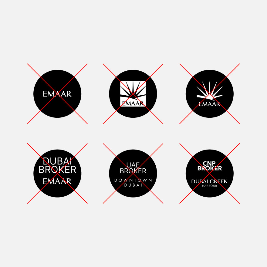 Six profile pictures built from the Emaar name and destination names, every one of them struck through in red